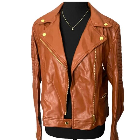 Love Tree Women's Medium Faux Leather Brown Fall Jacket Gold Zipper - Picture 8 of 12